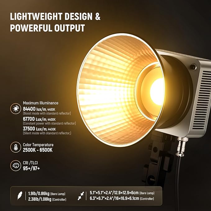 NEEWER HS200B Portable LED Video Light APP/2.4G/DMX Control, 280W 84400lx/1m Bi Color 2700-6500K CRI95+ COB Continuous Output Key Lighting Bowens Spotlight for Recording Streaming Studio Photography