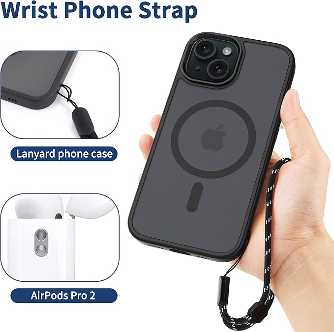 CACOE Phone Lanyard 2 Pcs-1 Pcs Adjustable Neck Strap, 1 Pcs Wrist Strap, 2 Pads, Universal Crossbody Multifuctional Cell Phone Lanyards Compatible with Most Smartphones(Black Silver)