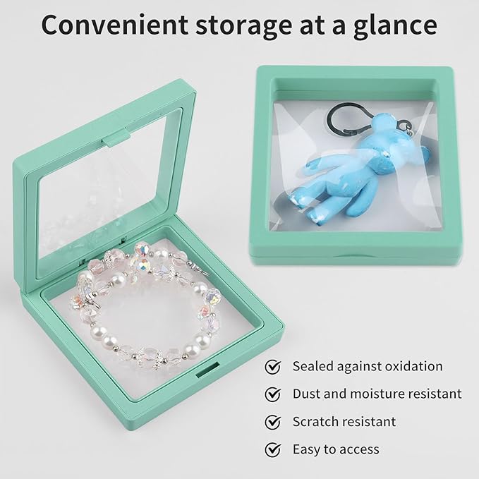 20 Pcs 3D Floating Display Case 3.5x3.5x0.8inch, Challenge Coin Display,Transparent PE Jewelry Storage Box,Floating Display Holder Stands for Antique Challenge Coins Medallion Stamps(Blue Green White)