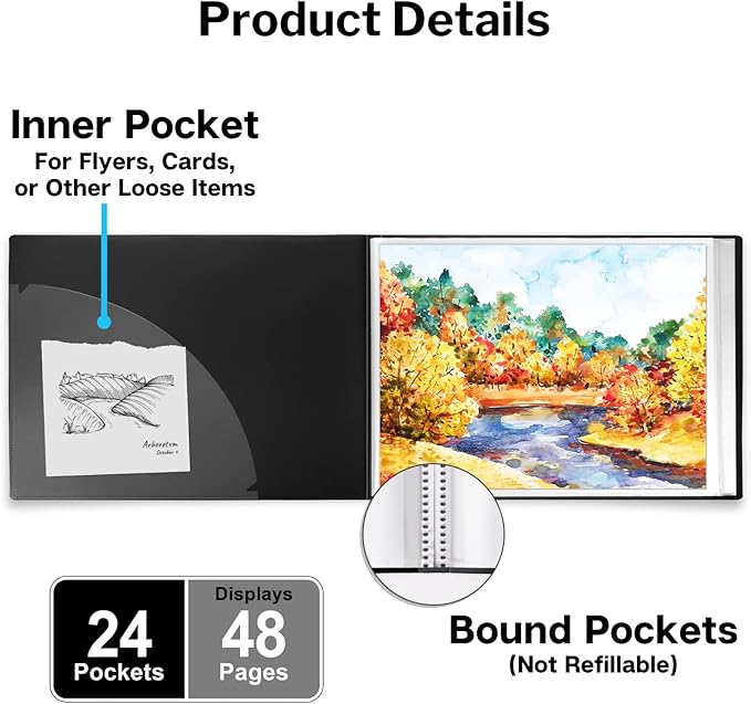 Dunwell Landscape 9x12 Presentation Book, (Black, Horizontal), 24-Pocket Binder with Plastic Sleeves, Displays 48 Pages 9 x 12 or A4 Certificates, Keepsakes, Kids Art, Acid-Free Poly Portfolio Binder