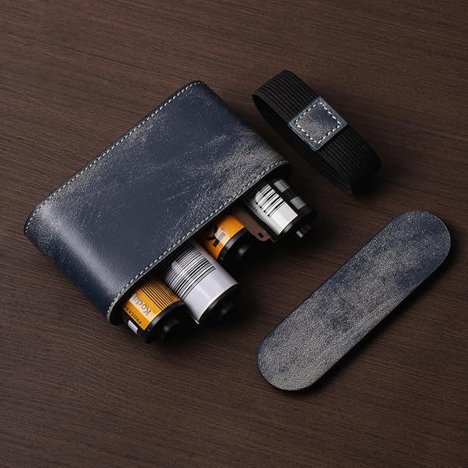 35mm 135 Film Container Storage Box Leather Camera film protection box Storage Carrying Case Bag (Blue-case)