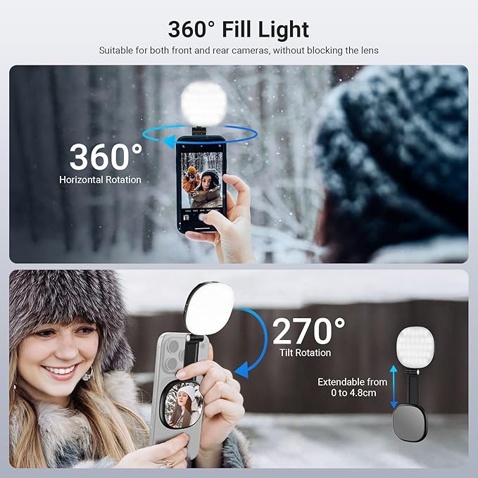 NEEWER Basics Magnetic Selfie Light Compatible with MagSafe iPhone, 2W Bi Color Small LED Phone Fill Ring Lighting CRI95+ with 360° Swivel, Mirror for Makeup Video Conference Recording, NL72B Black
