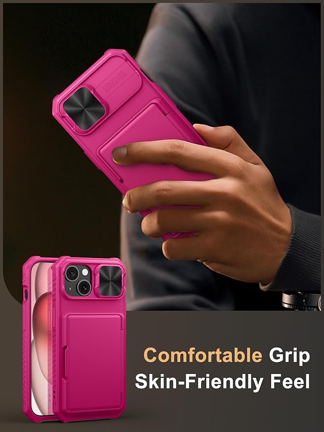 Vihibii for iPhone 15/14/13 Wallet Case with Card Holder (4 Cards), RFID Blocking & Slide Camera Cover & Raised Edges Protect Screen, Heavy Duty Shockproof Phone Case, Hot Pink