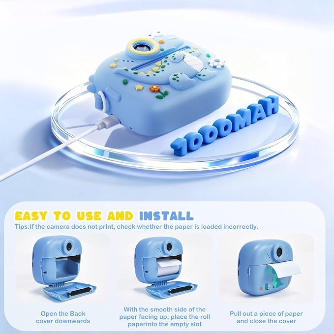 Kids Instant Print Camera with Dinosaur Silicone Cover,1080P HD Digital Video Cameras for Kids with Print Paper & SD Card,Christmas Birthday Gifts for Girls Boys 3-10 Years (Blue)
