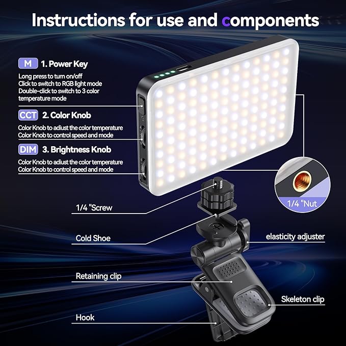 Selfie Light Phone Light Clip 129 LED RGB Lighting 10 Lighting Modes for iPhone Laptop Camera Portable Fill Light for Selfies Video Conferencing Photography TikTok YouTube Vlog Shooting