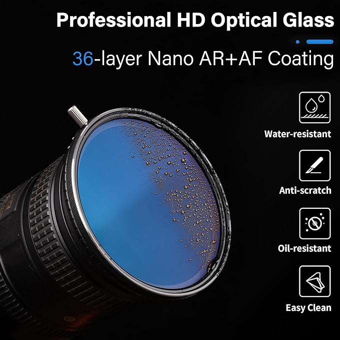 WalkingWay 52mm True Color ND Filter Variable ND2-32 (1-5 Stops) Neutral Density Filter Adjustable ND4 ND8 ND16 Filter VND 0.3-1.5 for Camera Lens