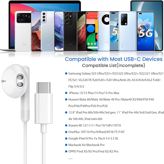 USB C Headphones for iPhone 17 16 15 Pro Max Plus iPad Pro USB C Earphones with Microphone Volume Control USB C Wired Earbuds USB Type C Earphone for Google Pixel 8 Samsung S25 S24 S23 S22 S21 S20 A55