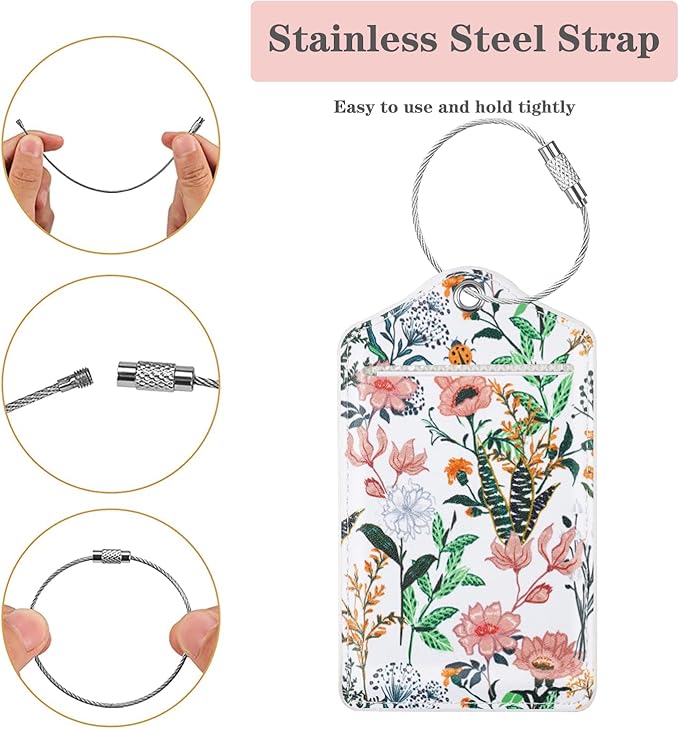 (Set of 2) Luggage Tag Leather Privacy Cover ID Label Address Card with Stainless Steel Loop, Travel Bag Tags Suitcase Labels,White Flowers