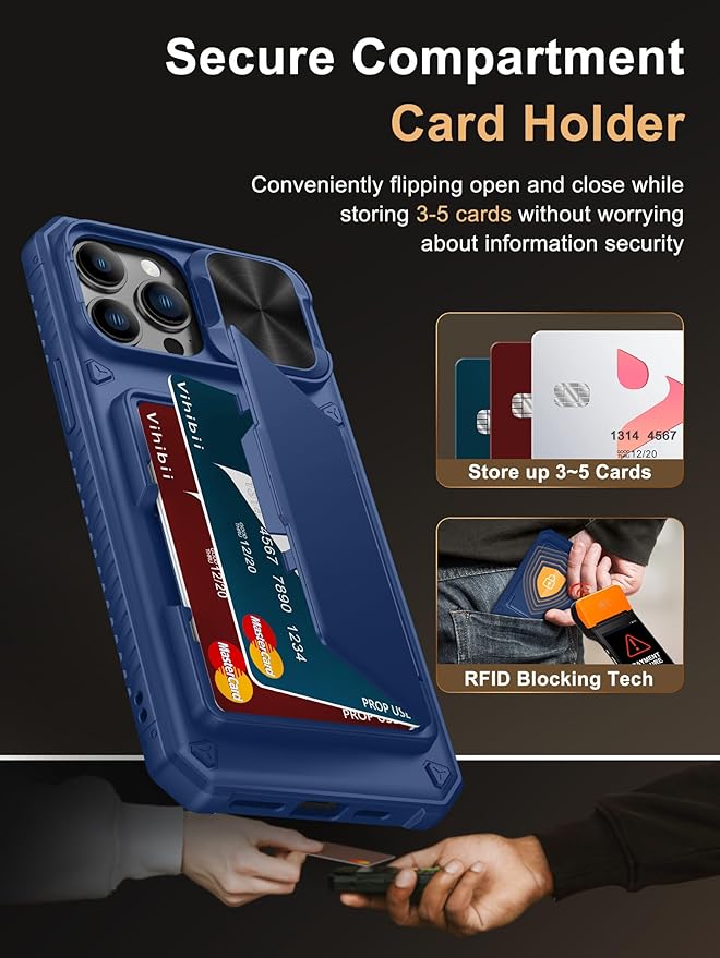 Vihibii for iPhone 13 Pro Max/iPhone 12 Pro Max Wallet Case with Card Holder (4 Cards), [RFID Blocking] & Slide Lens Camera Cover & Raised Edges Protect Screen, Shockproof Rugged Phone Case, Blue