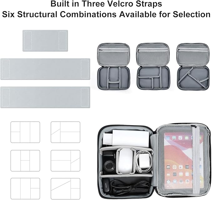 Large Capacity Electronics Accessories Organizer Travel Case with Adjustable Divider Waterproof Leather Cord Shockproof Tech Organizer Bag (Black, Double Layer-Large)