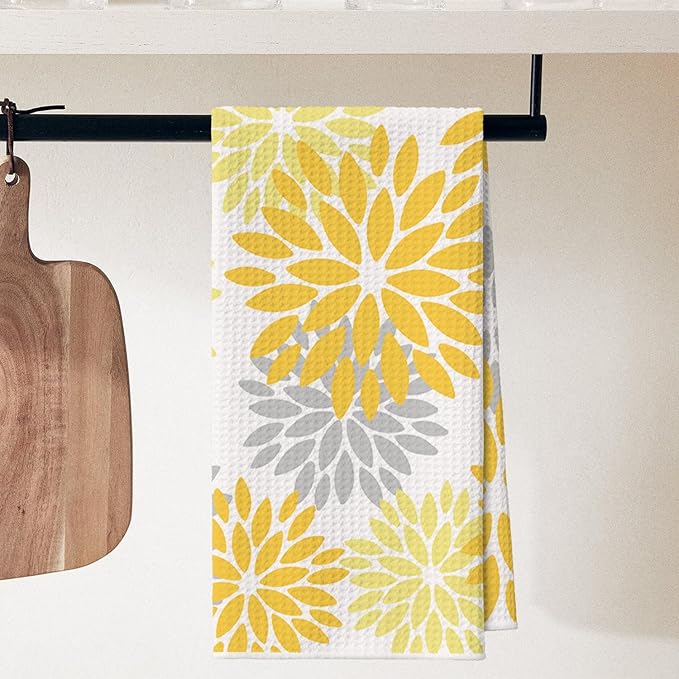Artoid Mode Yellow Dahlia Floral Kitchen Towels Dish Towels, 18x26 Inch Quick Dry Microfiber Cloth Hand Towels for Kitchen Drying Set of 2