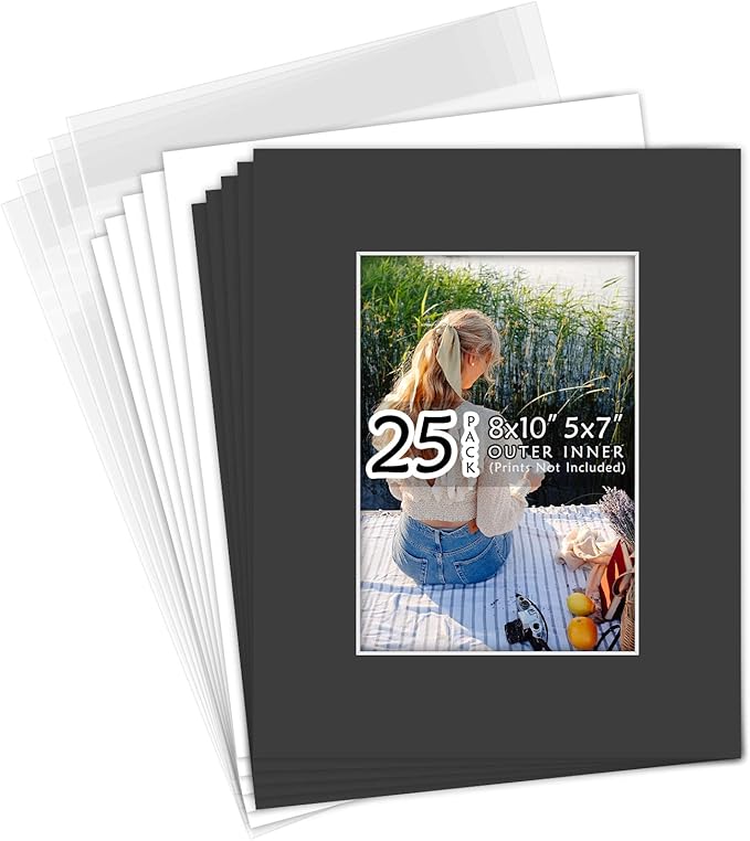 Golden State Art, Acid-Free, Pack of 25, 8x10 Black Picture Mats Mattes with White Core Bevel Cut for 5x7 Photo + Backing + Bags
