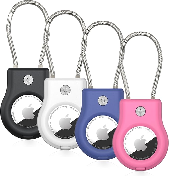 SCALLOP Airtag Keychain Holder 4 Pack, Air Tag Lock Case Holders with Wire Cable, Sturdy Protection Airtag Key Chain, Compatible Apple Airtag for Key Ring,Keys, Luggage
