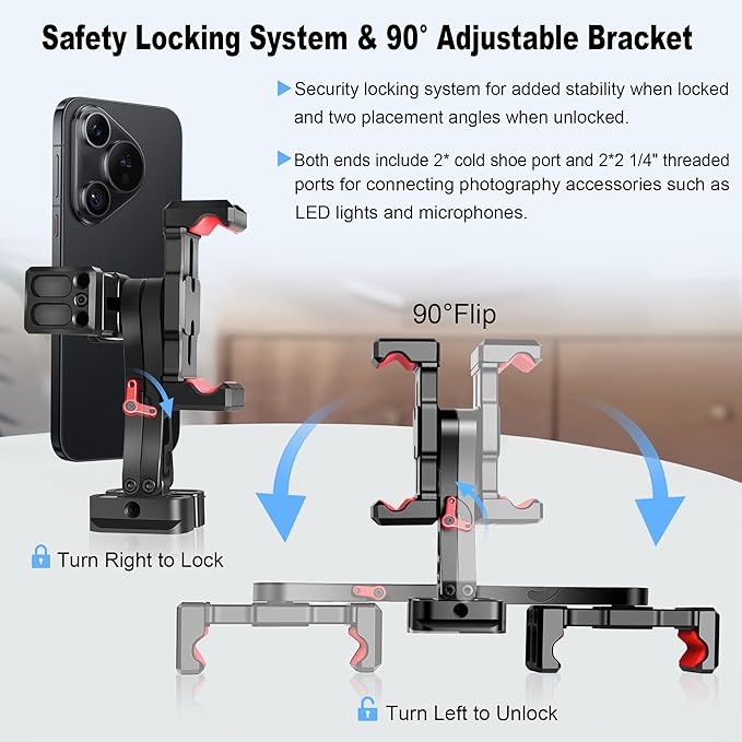 Manbily Phone Tripod Mount, Metal Smartphone Mount Adapter with Dual Phone Holder, 360° Swivel 180° Flip Adjustable Clip Clamp with Cold Shoe, for Selfie Stick Vlog Live Streaming