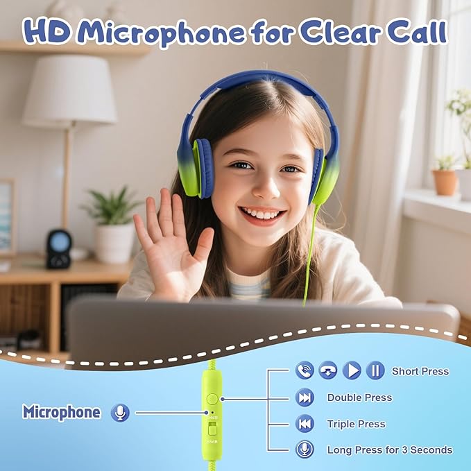 USB Type C Kids Headphones, Wired Headphones for Kids with Microphone 85/94dB Volume Limit, Stereo Sound Portable Over Ear Headphones for School/Travel/Tablet/iPad, Blue Lemon