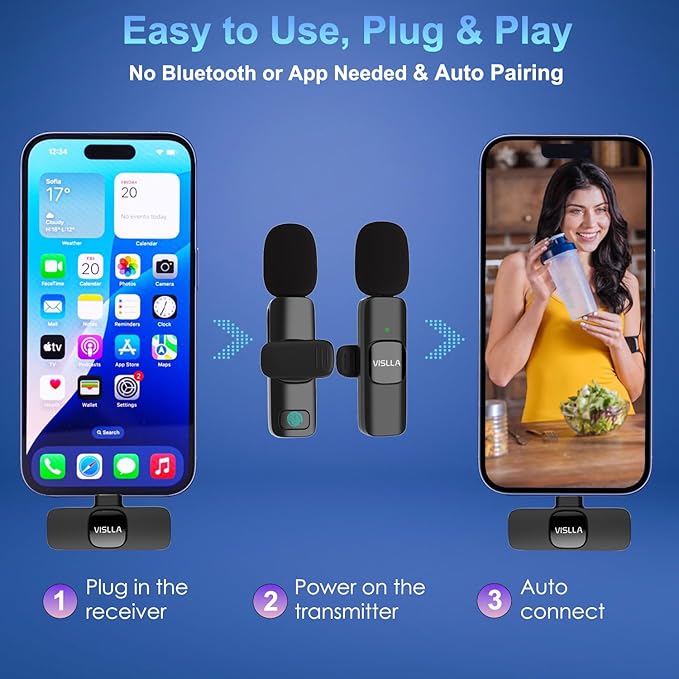 Vislla Wireless Lavalier Microphone for iPhone 15/16/17 Series, iPad and Android Devices, Noise Cancelling,Bluetooth Mini Lapel Microphone for Vlogging/YouTube/Live Streaming/Tiktok/Interview