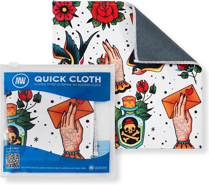 Quick Cloth Microfiber Glasses Cleaning Cloths – 8x8, Tattoo, 1 Pack with Case | Double-Sided Lens Cleaner for Eyeglasses, Camera, Screens & Glass | Reusable Microfiber Glass Polishing Cloths