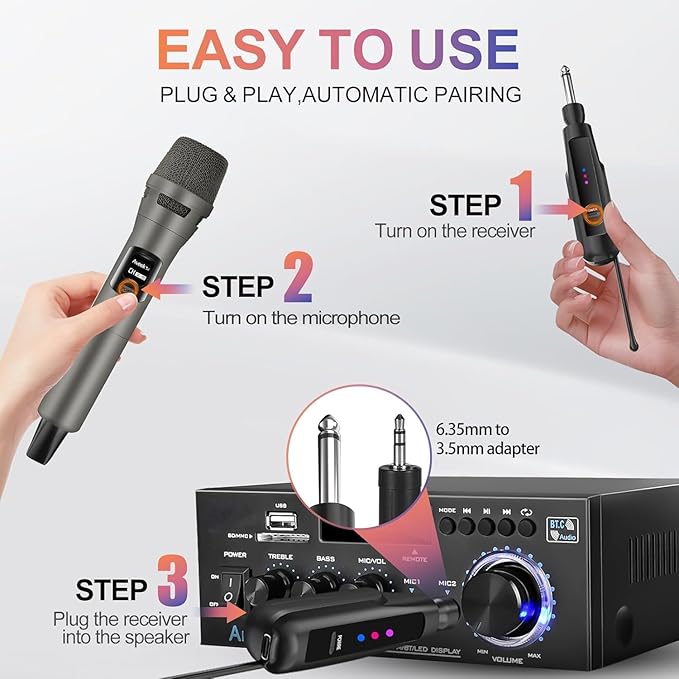 Aveek Wireless Microphone System, 2 Rechargeable Mics and Receiver, Plug & Play for Karaoke Machine, Party Speakers, Home Entertainment, Wedding & Events - Crystal Clear Sound, 100ft Range