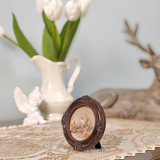 Vintage Picture Frames 3x3 Ornate Distressed Brown Antique Pictue Frames with Real Glass Cover for Wall & Tabletop Display Victorian Home Decor Gallery Wall Decor,Round