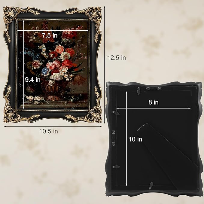 8x10 Black Vintage Picture Frame with Mat for 5x7 or 8 x 10 Photos, Ornate Baroque Gothic Victorian Frames, Tabletop or Wall Display, Antique Home Decor Accent