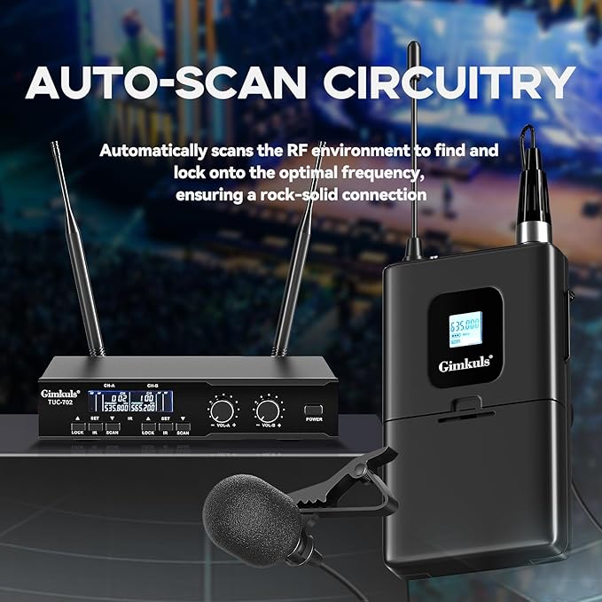 Wireless Professional Lavalier Microphone System, Dual UHF Cordless Mic Set with 2 Bodypacks & Lapel Microphones, 200 Channel Auto-Scan, 328ft Range for Church, Speaking, Teaching, Interview