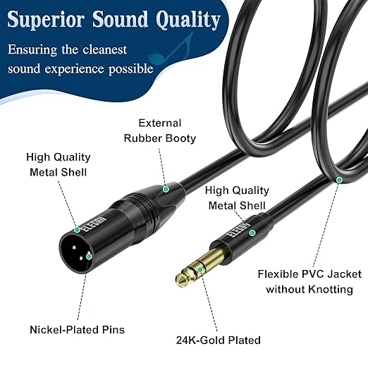 Elecan 6.35mm (1/4 Inch) TRS Male to XLR Male Cable 15 Ft, Balanced Professional Shielded Stereo Microphone Cable Cord, Gold Plated for Mixer AMP Speaker Amplifier with 6.35 to 3.5mm Adapter+Ties