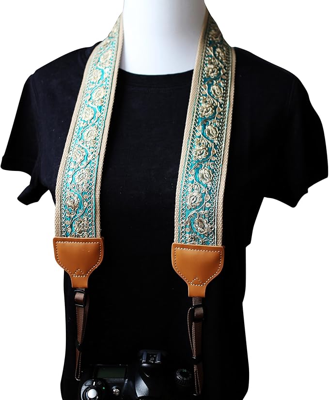 UNIKSTRAP Original Design Adjustable Camera Strap, Luxurious Green with gold thread, 2 Inch (5cm) Width, Fit for Canon Nikon Sony Interchangeable Lens Digital Camera/DSLR