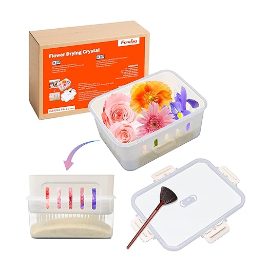 8LBS 4-in-1 Fonday Silica Gel Flower Drying Crystals for Wedding Bouquet Preservation with Sealed Container filterable basket and Brush Color Indicating Reusable Bead Size Less Than 1mm