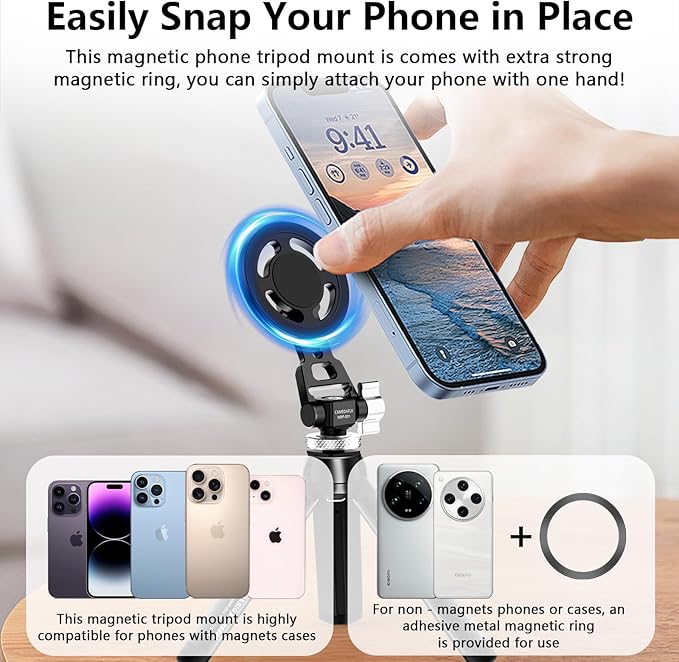 Aluminum Magnetic Stand Mount with Cold Shoe Mount for iPhone,Adjustable Rotable Cellphone Tripod Stand Holder for iPhone,Camera Monitoring.