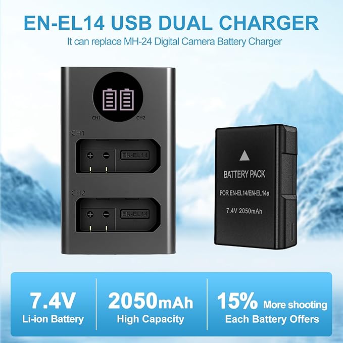 EN-EL14/EN-EL14a Battery Pack, 7.4V 2050mAh, with Dual Slot Fast USB Charger, for Nikon D5100 D3200 D5300 D3100 D5200 D3300 D5500 D3400 Df D3500 D5600 P7000 P7100 P7700 P7800 Digital Camera