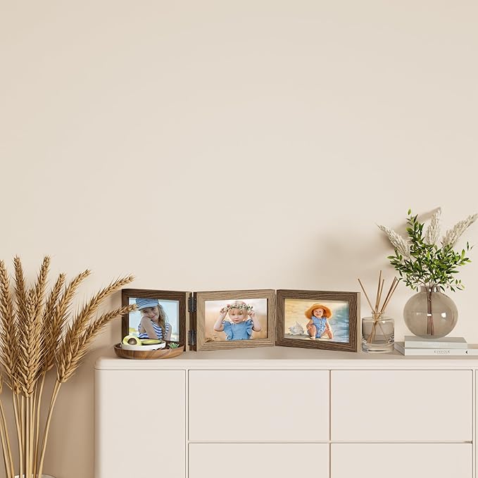 decorUhome Triple 6x4 Picture Frame Horizontal, Engineered Wood Trifold Photo Frame with Plexiglass for Tabletop Display, 6x4, Oak