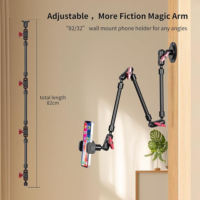 32'' Metal Base Magic Arm Phone Mount - Wall Screw-Mounted, 1.2LBS Load, 360° Rotatable for Live Stream/Office/Video Recording