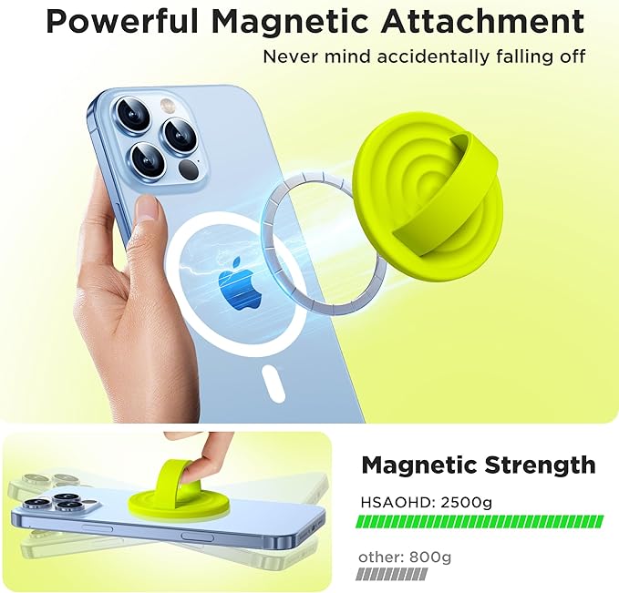 Upgraded Magnetic Phone Grip, Liquid Silicone Soft and Portable, Removable Finger Loop Ring Grip Holder for iPhone, Strong Magnetic Attraction, Compatible with MagSafe Phone Case, Neon Yellow