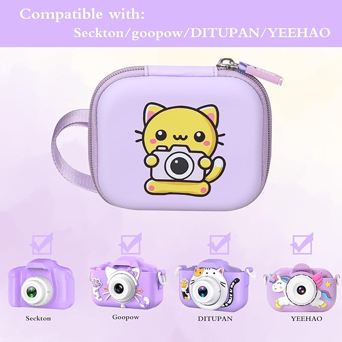 worfty Kids Camera Case Compatible with Seckton/Goopow/DITUPAN/YEEHAO/Hangrui/Masterbee/OUTUVAS/GKTZ Digital Video Camera Toys Camcorder Storage Holder Carrying - Purple Cat