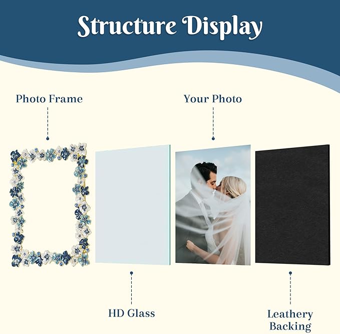 Blue Flower Picture Frame 5x7 Blossom Photo Frame for Tabletop Display, Decorative Flower Design Home Decor