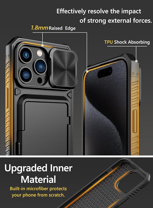Vihibii for iPhone 15 Pro Max Case with Card Holder (4 Cards) & Slide Camera Cover & Kickstand, Military Grade Drop Protection, Rugged Hard Back & Silicone Edge Wallet Phone Case, 6.7" 2023, Black