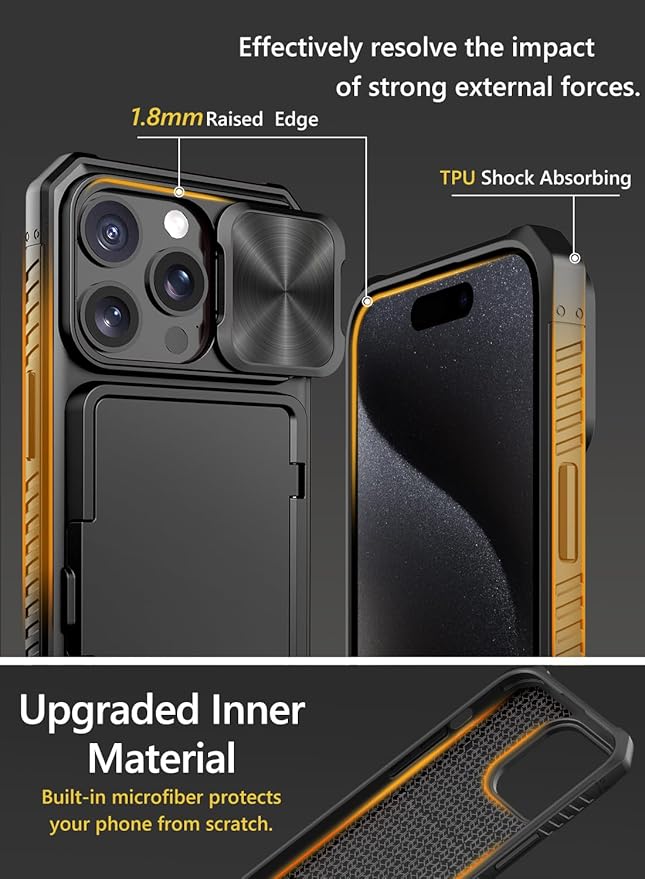 Vihibii for iPhone 15 Pro Max Case with Card Holder (4 Cards), Built-in 2X Privacy Screen Protector & Slide Camera Cover & Kickstand, Military Grade Drop Protection, Rugged Wallet Case, Black