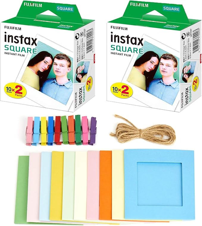 Fujifilm instax Square Instant Film 2X (40 Exposures) + Hanging Photo Frames for Square Film Assorted Colors – Deluxe Accessory Bundle