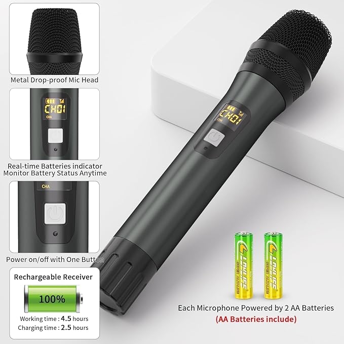 Wireless Microphones, Professional UHF Metal Dual Handheld Cordless Dynamic Mic System with Rechargeable Receiver, 1/4" Output, 160ft Range, Auto Connect for Karaoke, Party Singing, Church, Speech, DJ
