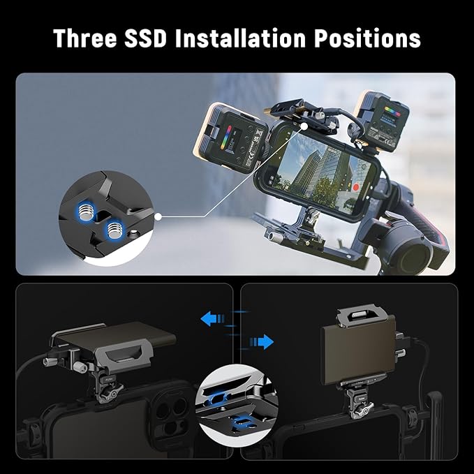 Neewer SSD Holder 40-65mm Quick Release SSD Bracket Mount with Cable Clamp Compatible with SmallRig Phone Cage for 16 Pro Max 15 Pro Max Samsung S24 Ultra T9 T7 T5 SanDisk, PA065