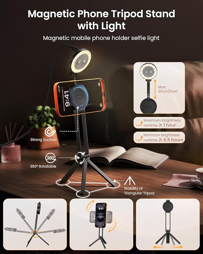 2-in-1 Magnetic Phone Tripod Magnetic Selfie Light for Magsafe Tripod Phone Mount Smartphone Stand Selfie Stick with Fill Light for iPhone Accessories