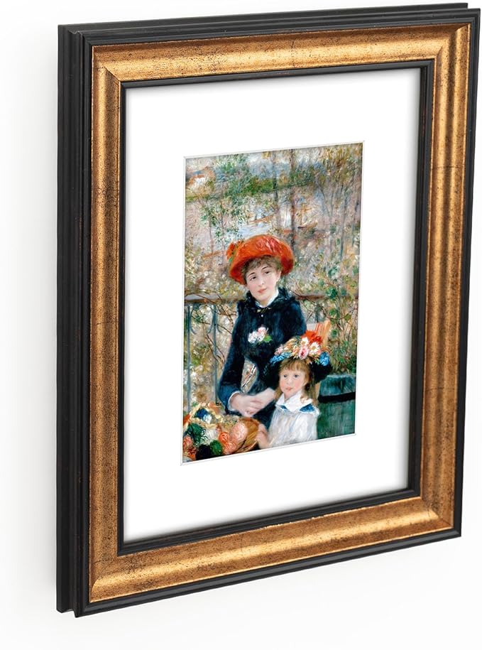 8x10 Real Wood Antique Gold with Dark Brown Trim Picture Frame - Easel Stand, Sawtooth Hanger - Landscape, Portrait Display, Matted for 5x7 Photos, Frinearts