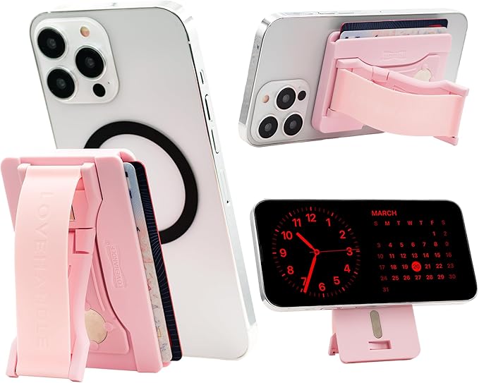 LOVEHANDLE Phone Wallet with Kickstand and Adapter Ring for MagSafe, Phone Card Holder, Wireless Charging Compatible, Wallet Compatible with MagSafe - Light Pink