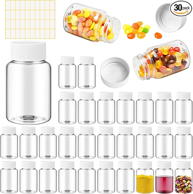 Lamoutor 30Pcs Clear Pill Bottle Plastic Medicine Bottle Empty Reagent Chemical Containers with Caps for Liquid Solid Powder Medicine 50ML