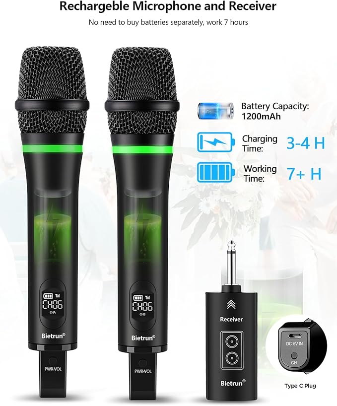 Bietrun Rechargeable Wireless Microphone, Dual Metal Cordless Handheld Dynamic Wireless Mics with 1/4'' Output for Karaoke, Meeting, Singing, Church, Wedding(UHF 240ft Range)(Receiver with Bluetooth)