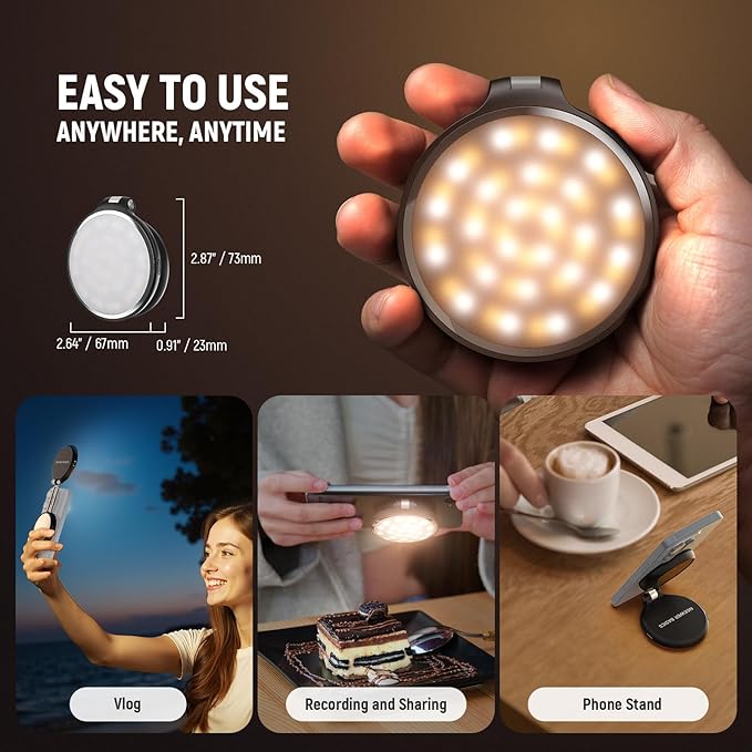 NEEWER Basics Magnetic LED Selfie Light Compatible with MagSafe iPhone, Desk Stand Phone Holder with Makeup Mirror 1160lx/0.2m 900mAh CRI95 Fill Lighting for Video Recording Streaming, Black NL48R