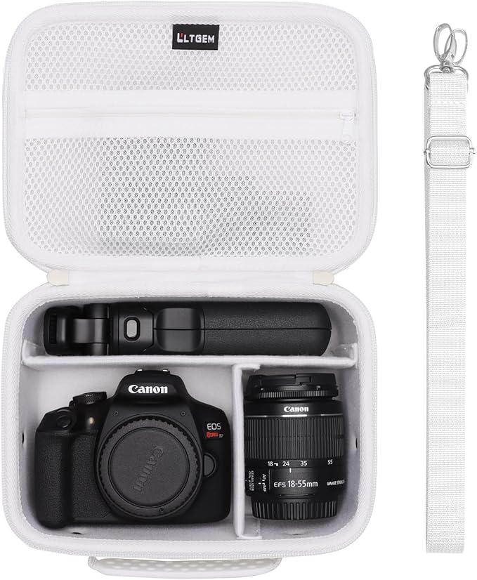 Camera Case Compatible with Canon EOS Rebel T7/R50/R6 Mark II/R100/R50 V/T6/R8/R10/R5 Mark II/RP/R7/5D Mark IV/SL3/R5/T100 DSLR SLR Camera, Len and Tripod with 4 Dividers and Shoulder Strap, White