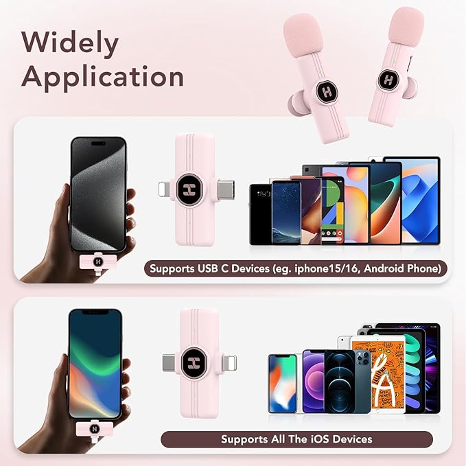 USB C Mini Wireless Lavalier Microphone for iPhone 15 16, iOS and Android Devices - Noise Reduction Lapel Mic for Recording, Clip Omni Lav Mic for Video Recording, Tiktok, Youtube, Vlog (Pink)