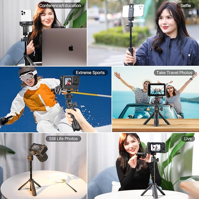 ULANZI M12 Selfie Stick for Action Camera, Portable Phone Tripod Stand with Phone Mount Action Camera Adapter 360° Ball Head, Mini Hand Grip Compatible with GoPro Hero series Smartphone DJI OSMO GoPro
