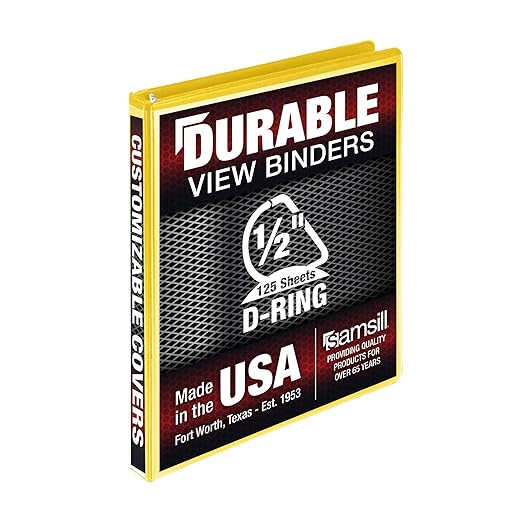 Samsill Durable 0.5 inch 3 Ring Binder, Made in USA, D Ring Binder, FSC 100% Recycled Chipboard, Yellow